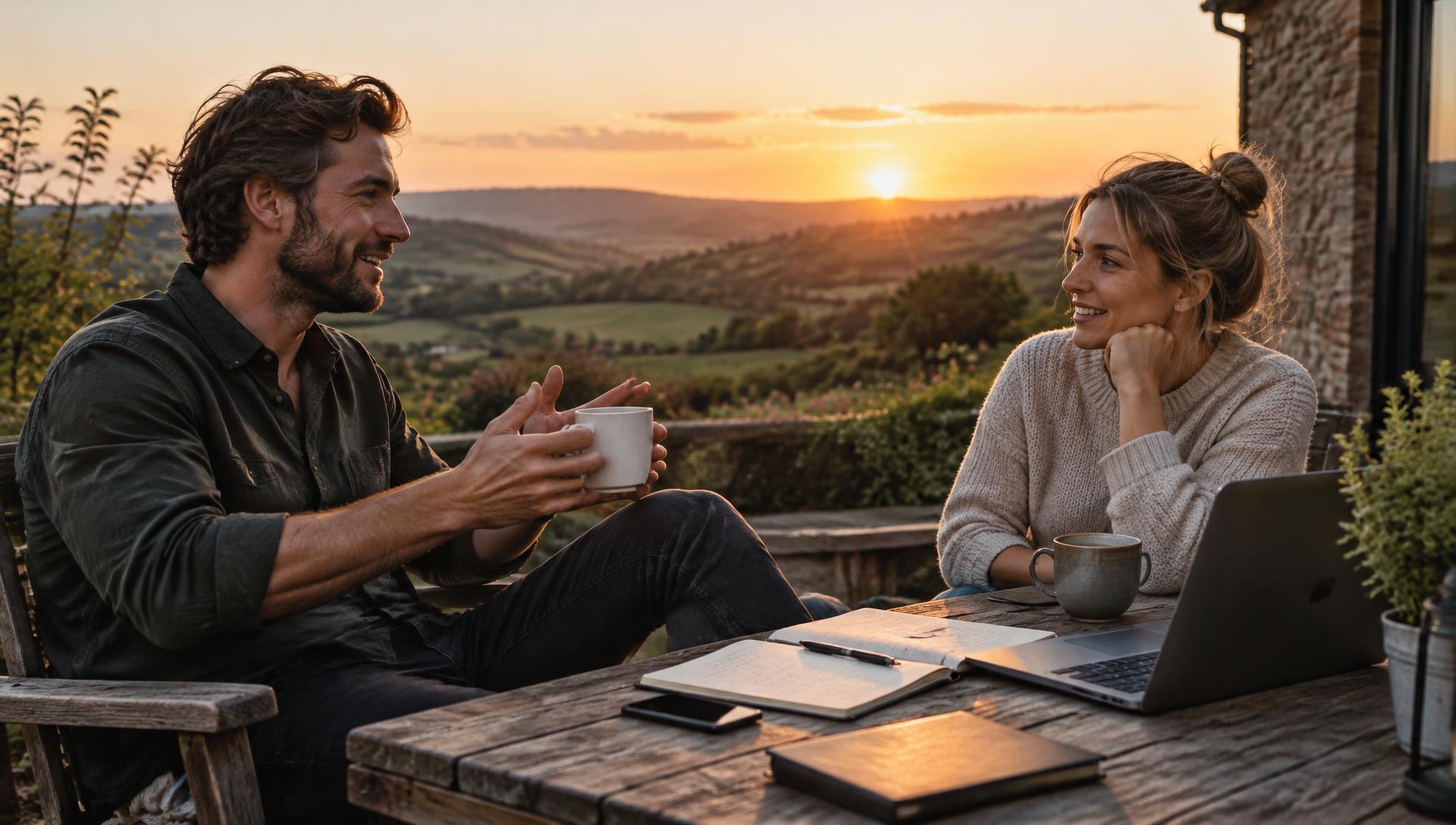 Two founders in conversation on a terrace at sunset