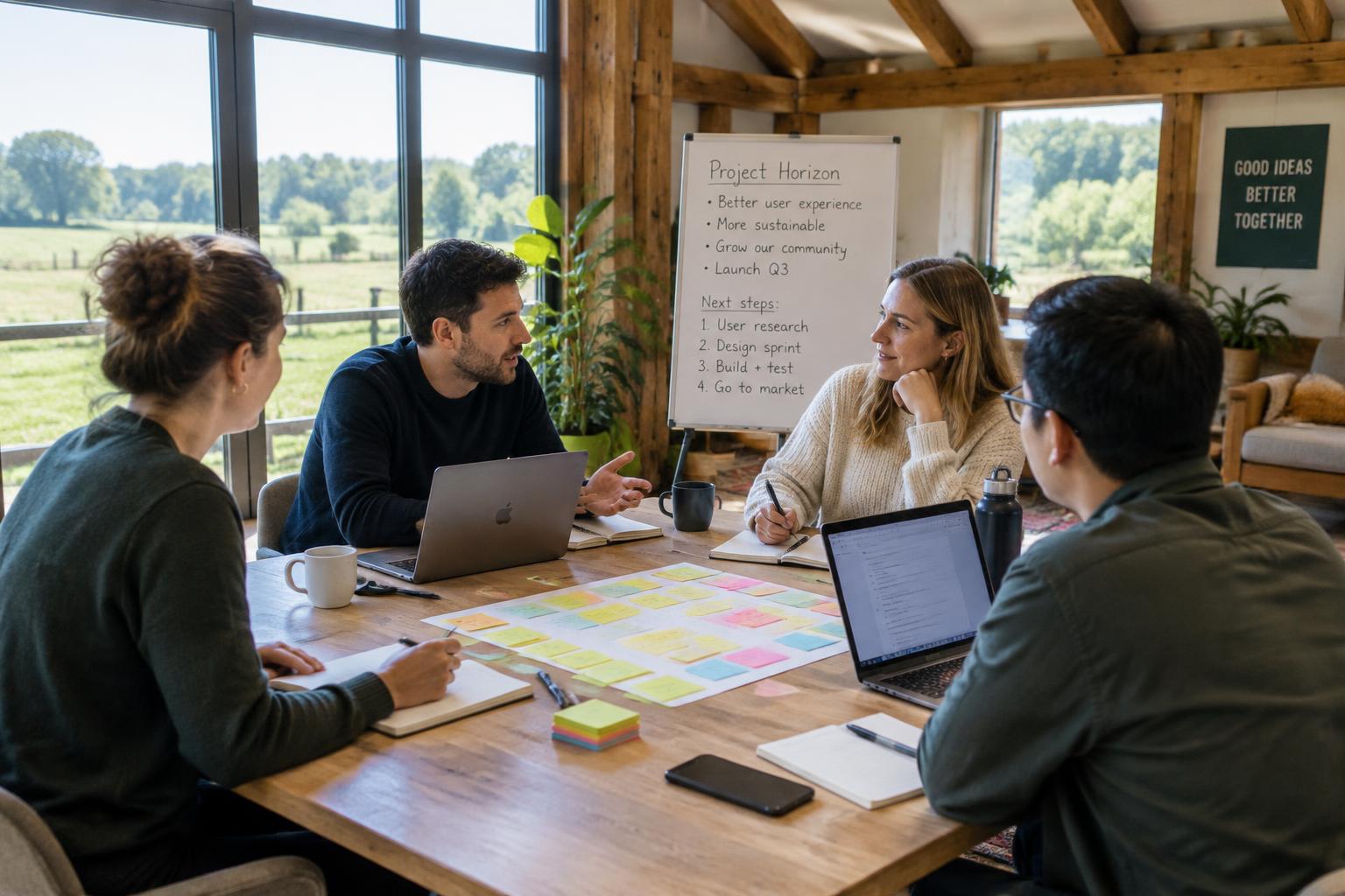 A team planning together in a barn office overlooking fields